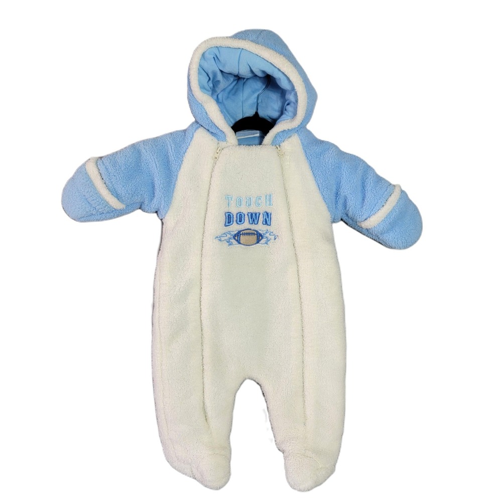 VTG Mon Petit Baby 6/9M Snowsuit Bunting Footed Hooded Touch Down Football Blue